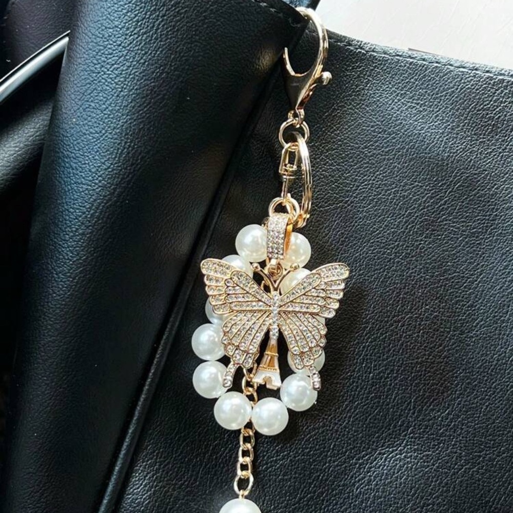 Gold Butterfly Pearl Charm Keychain